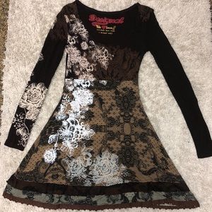 Desigual Long Sleeve Lanoria Brown & Cream Dress